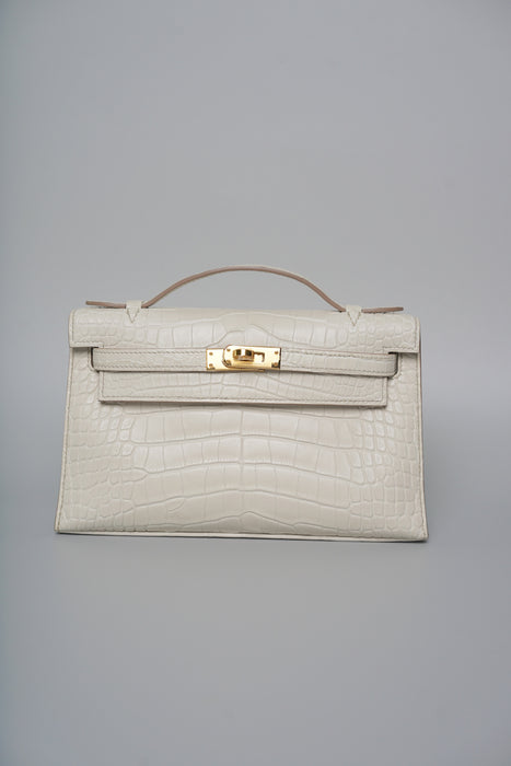 Hermes Kelly Pochette in Beton Matte Alligator Ghw (Brand New)