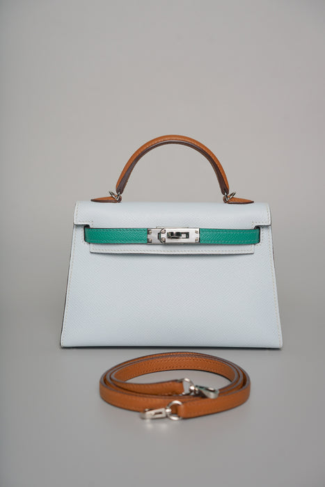 Hermes Kelly 20 in Tricolor Bleu Brume /Vert Jade/Sesame Phw