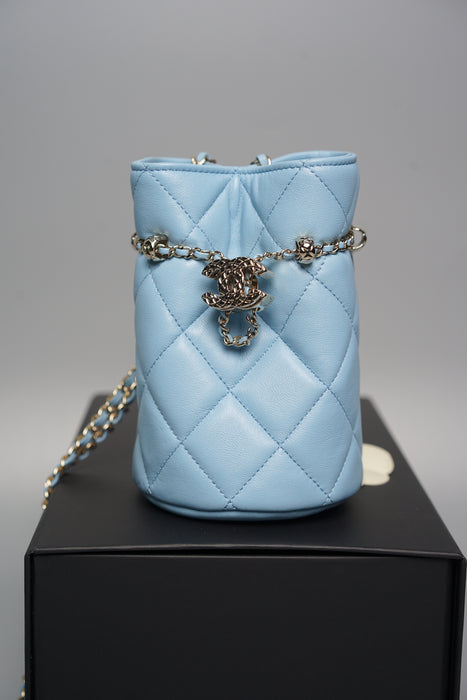 Chanel Mini Bucket Bag in Light Blue Lambskin Shw