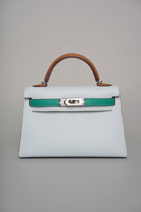 Hermes Kelly 20 in Tricolor Bleu Brume /Vert Jade/Sesame Phw