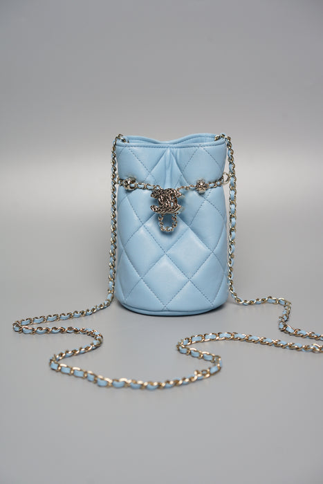 Chanel Mini Bucket Bag in Light Blue Lambskin Shw