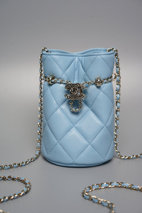 Chanel Mini Bucket Bag in Light Blue Lambskin Shw