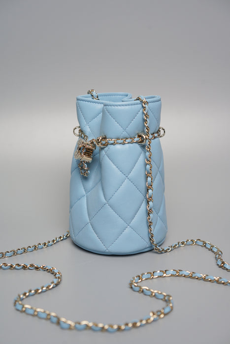 Chanel Mini Bucket Bag in Light Blue Lambskin Shw