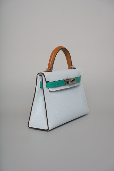 Hermes Kelly 20 in Tricolor Bleu Brume /Vert Jade/Sesame Phw