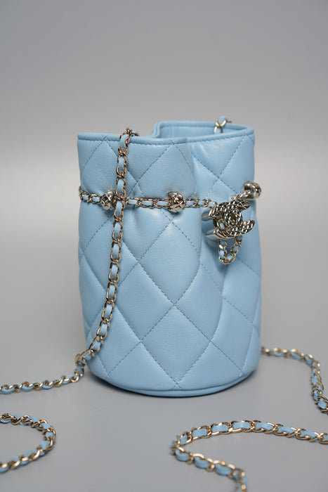 Chanel Mini Bucket Bag in Light Blue Lambskin Shw