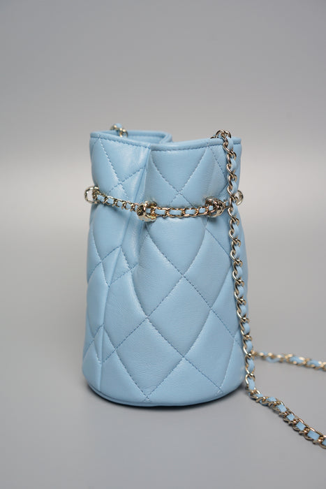 Chanel Mini Bucket Bag in Light Blue Lambskin Shw