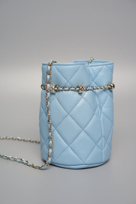 Chanel Mini Bucket Bag in Light Blue Lambskin Shw