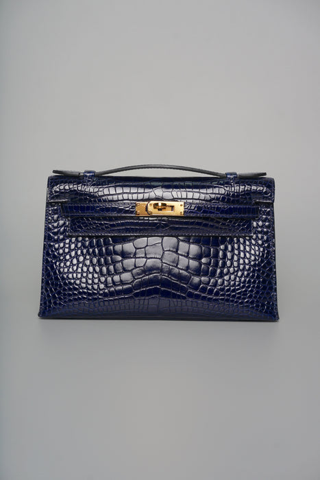 Hermes Kelly Pochette in Blue Marine Shiny Alligator Ghw