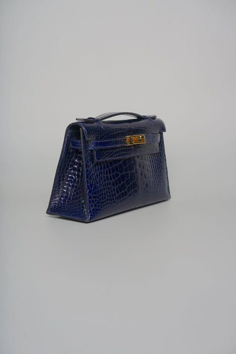 Hermes Kelly Pochette in Blue Marine Shiny Alligator Ghw