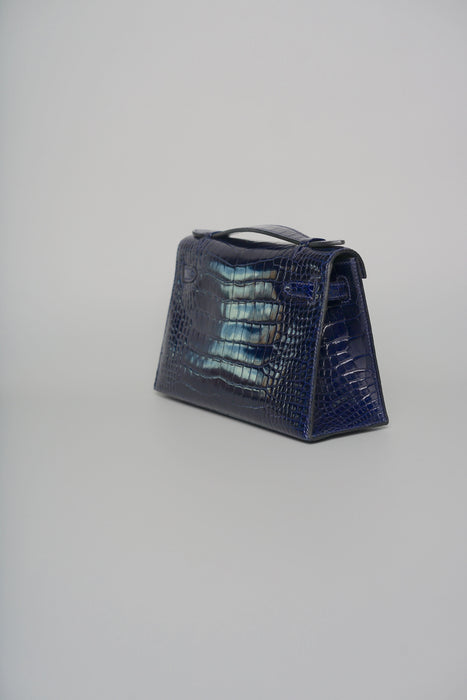 Hermes Kelly Pochette in Blue Marine Shiny Alligator Ghw