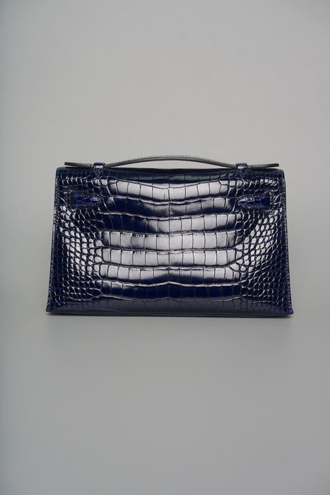 Hermes Kelly Pochette in Blue Marine Shiny Alligator Ghw