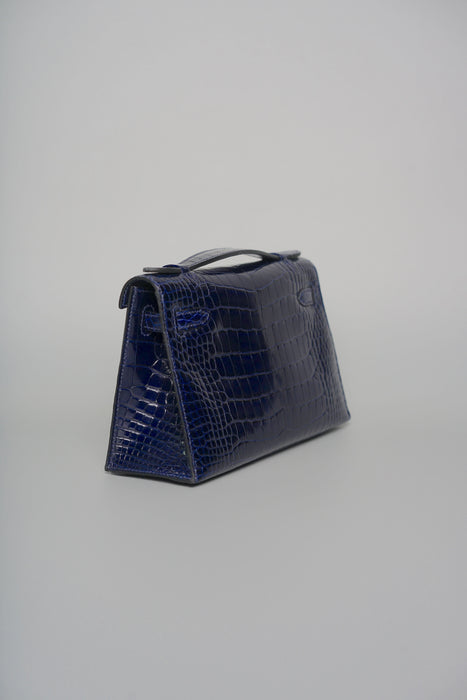 Hermes Kelly Pochette in Blue Marine Shiny Alligator Ghw