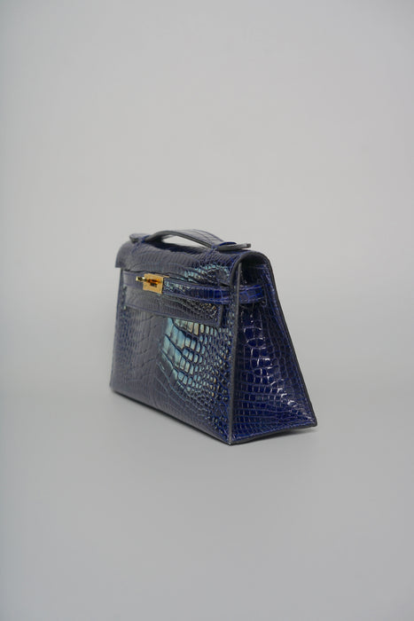 Hermes Kelly Pochette in Blue Marine Shiny Alligator Ghw