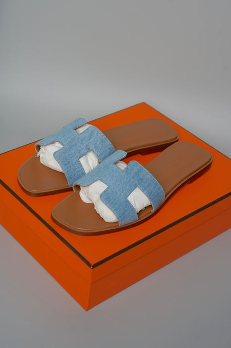 Hermes Oran Sandals in Denim Bleu Clair Size 37.5 (Brand New)