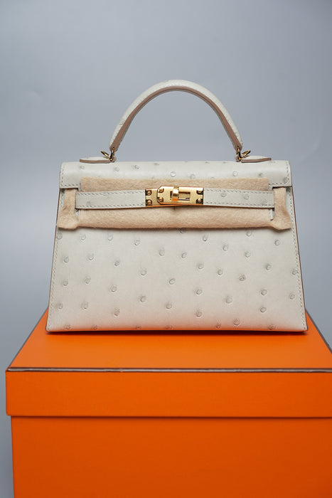 Hermes Kelly 20 in Gris Perle Ostrich Ghw (Brand New)