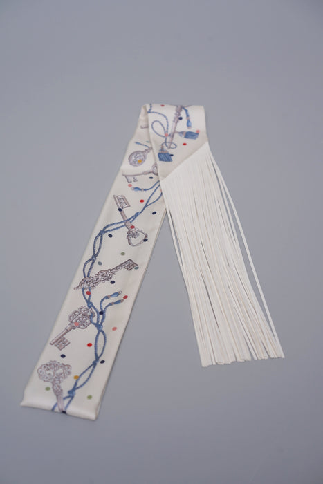 Hermes Les Cles a Pois Leather Fringe Twilly in Creme / Gris Perle / Multicolor (Brand New)
