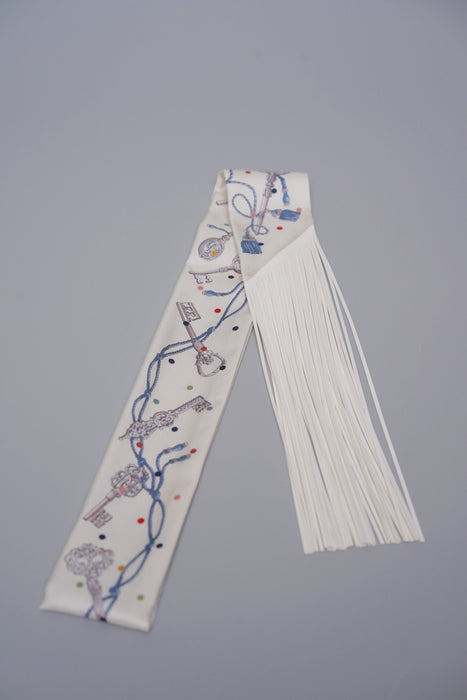 Hermes Les Cles a Pois Leather Fringe Twilly in Creme / Gris Perle / Multicolor (Brand New)