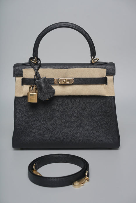 Hermes Kelly 25 in Noir Togo Permabrass (Brand New)
