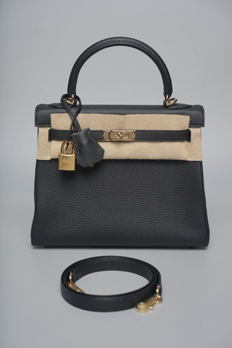 Hermes Kelly 25 in Noir Togo Permabrass (Brand New)