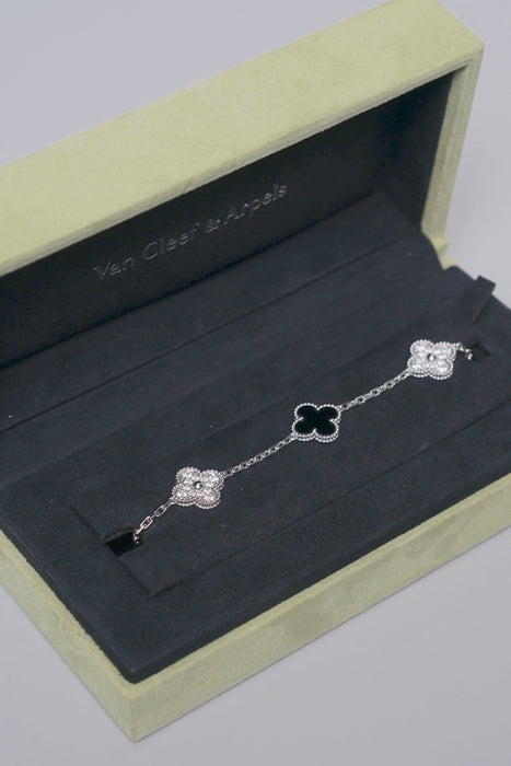VCA Vintage Alhambra 5 Motif Bracelet in White Gold, Onyx Diamonds
