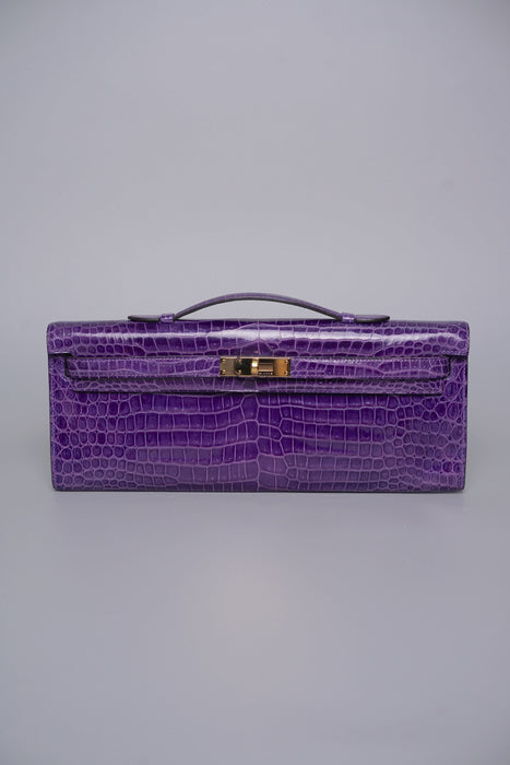 Hermes Kelly Cut in Ultraviolet Shiny Croc Porosus Ghw