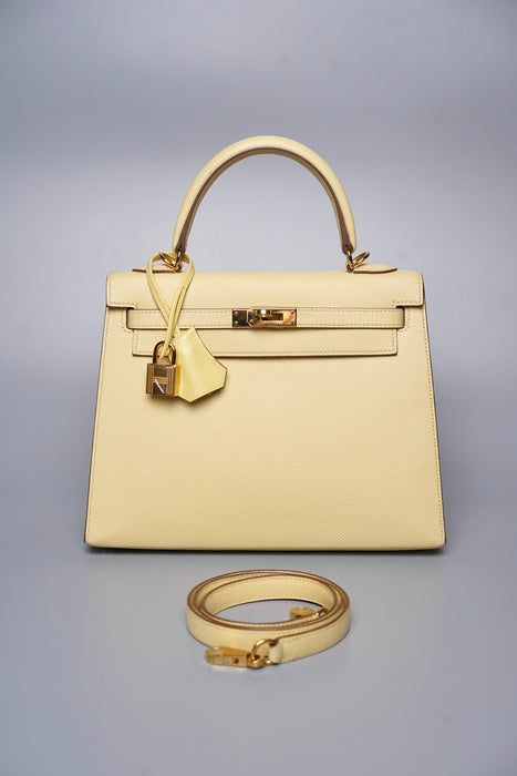 Hermes Sellier Kelly 25 in Jaune Poussin Ghw