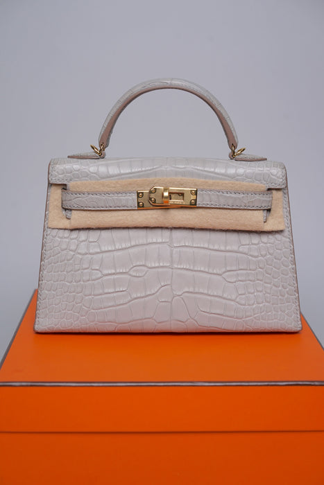 Hermes Kelly 20 in Gris Perle Matte Alligator Ghw (Brand New)
