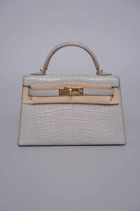 Hermes Kelly 20 in Gris Perle Matte Alligator Ghw (Brand New)