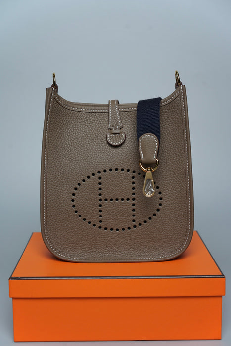 Hermes Mini Evelyne in Etoupe / Bleu Indigo Ghw (Brand New)