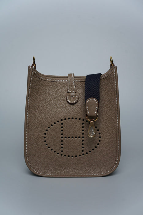 Hermes Mini Evelyne in Etoupe / Bleu Indigo Ghw (Brand New)