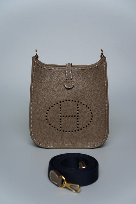 Hermes Mini Evelyne in Etoupe / Bleu Indigo Ghw (Brand New)