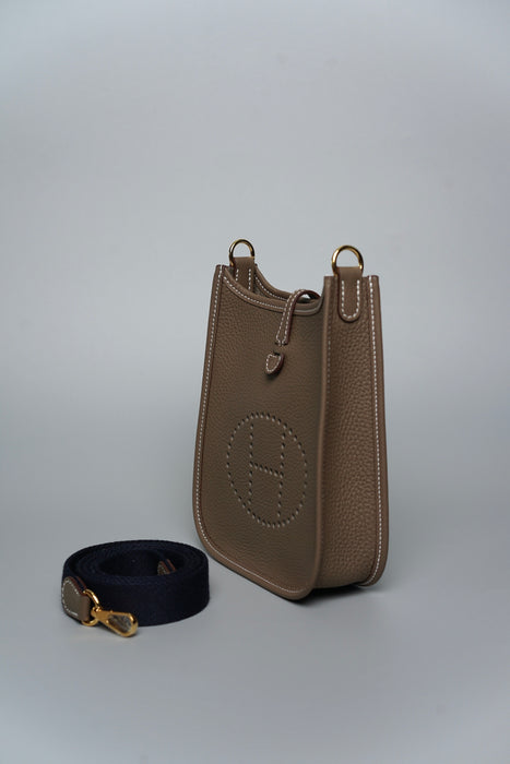 Hermes Mini Evelyne in Etoupe / Bleu Indigo Ghw (Brand New)