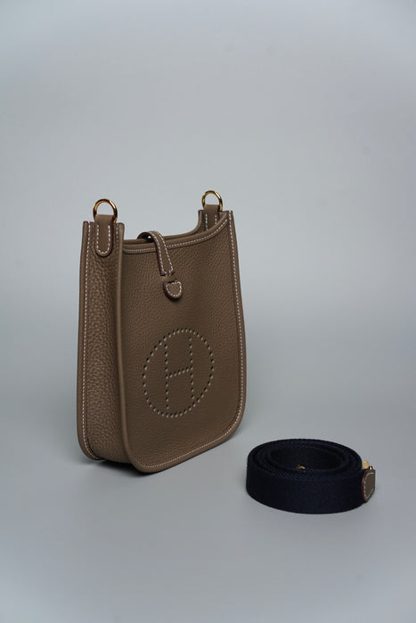 Hermes Mini Evelyne in Etoupe / Bleu Indigo Ghw (Brand New)