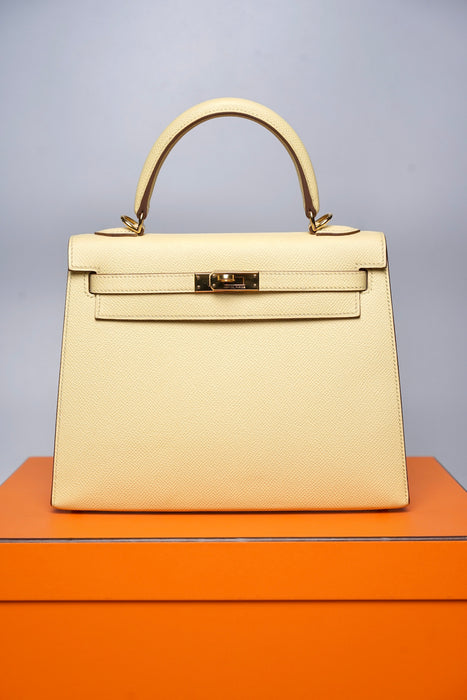 Hermes Sellier Kelly 25 in Jaune Poussin Ghw