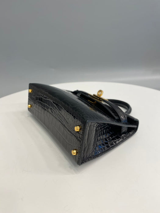 Hermes Kelly 20 in Black Shiny Alligator Ghw