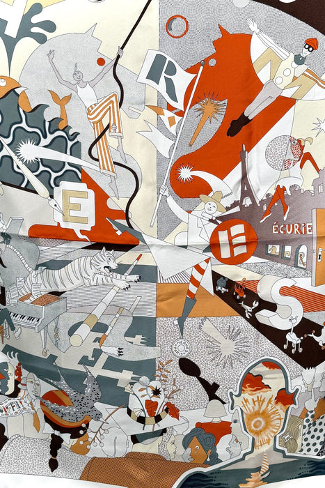 Hermes "CA DECOIFFE" Scarf in White/Grease/Orange 90 x 90cm (Brand New)