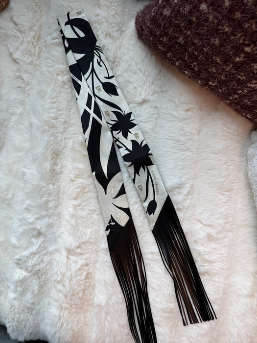 Hermes Bouquet Final Leather Fringe Twilly in Creme / Noir (Brand New)