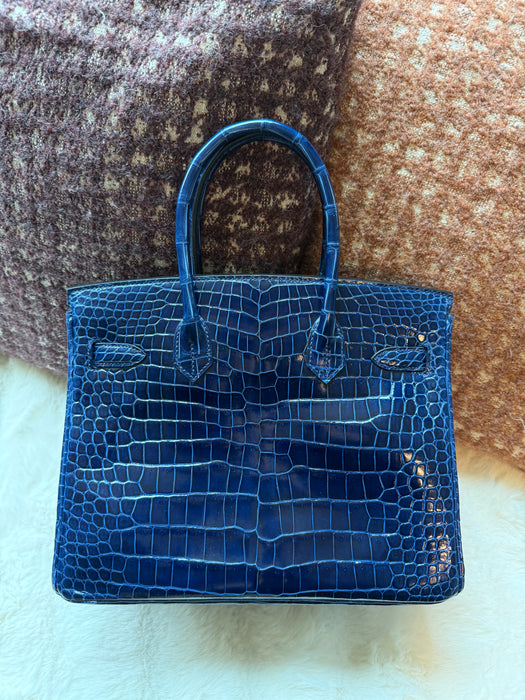 Hermes Birkin 30 in Blue Sapphire Shiny Porosus Ghw