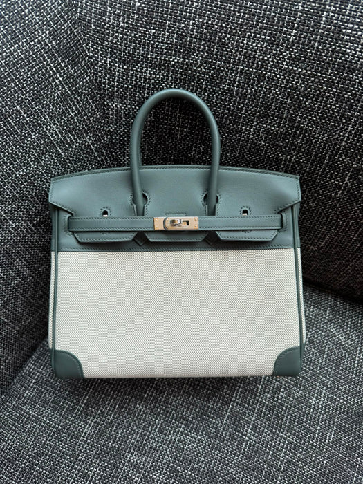 Hermes Birkin 25 in Ecru Vert Amande Toile / Vert Mangrove Phw (Brand New)