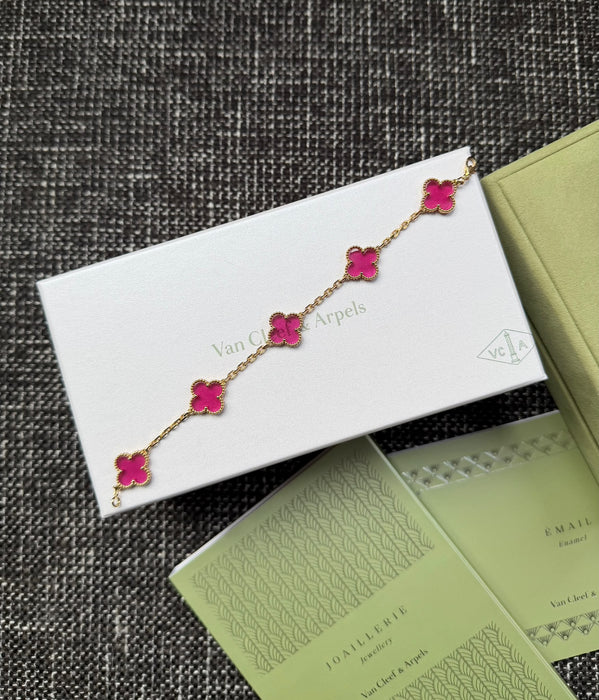 VCA Vintage Alhambra 5 Motif Pink Enamel Yellow Gold (Brand New)