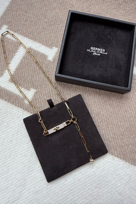 Hermes Kelly Chaine Lariat Necklace, Small Model in 18K Rose Gold with Pave Diamonds, Size ST (Brand New)