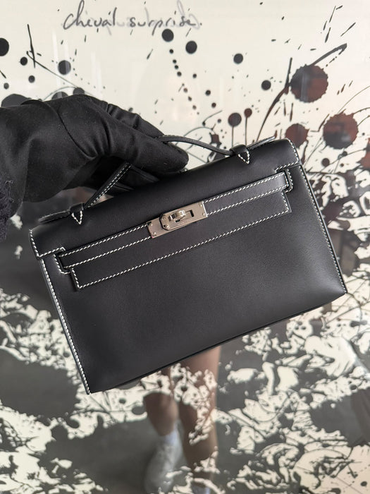 Hermes Kelly Pochette HSS in Black Interior Bordeaux Phw with White Stitching (Brand New)