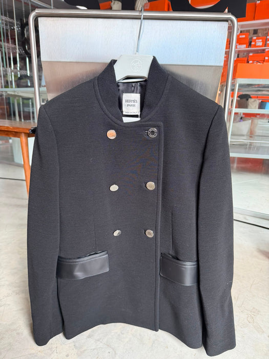 Hermes Short Pea Coat in Black with Leather Details Size 38 (Brand new)