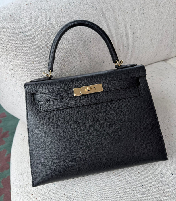 Hermes Kelly II Sellier 28 in Noir Epsom Permabrass (Brand New)