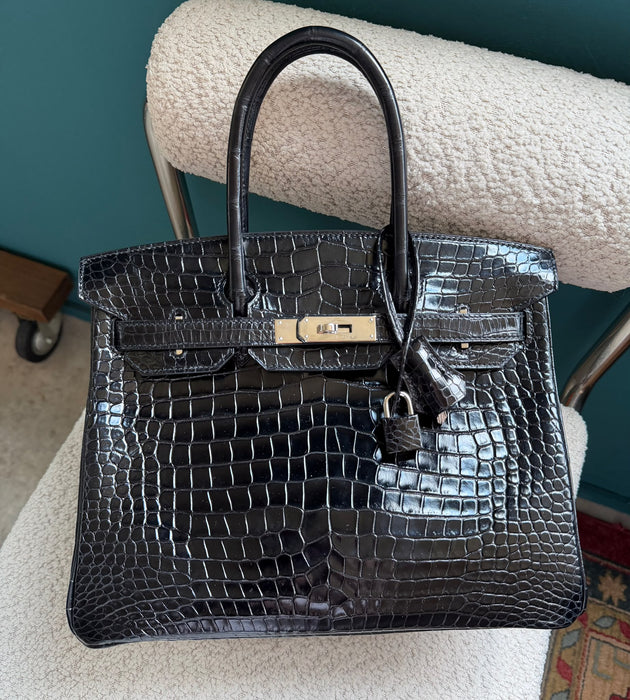 Hermes Birkin 30 in Black Shiny Porosus Phw