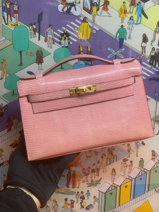 Hermes Kelly Pochette in Bubblegum Lizard Ghw (Brand New)