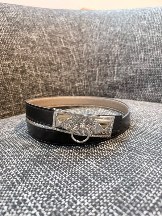 Hermes Rivale Belt in Black Etoupe, Size 85