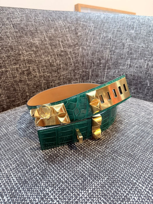 Hermes Collier de Chien Belt in Green Crocodile Leather Ghw, Size 70 (Brand New)