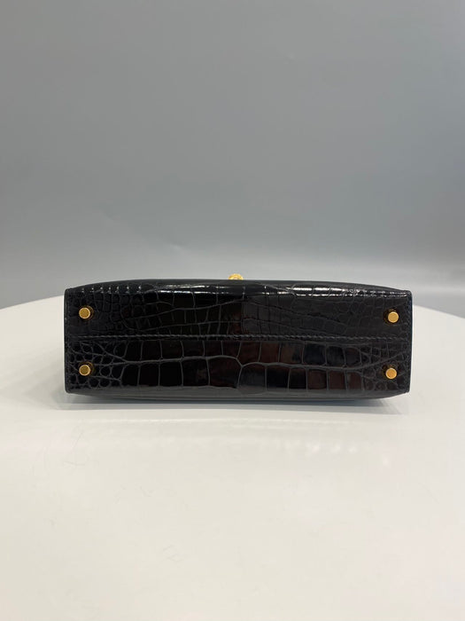 Hermes Kelly 20 in Black Shiny Alligator Ghw