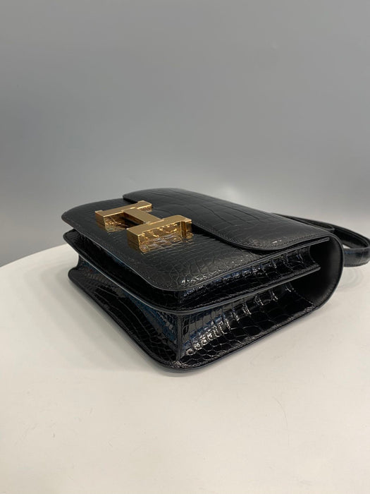 Hermes Constance 24 in Black Shiny Croc Ghw